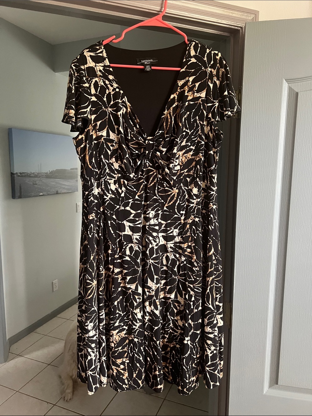 Lane Bryant Black Cream Leaf-Print Twist-Front Dress